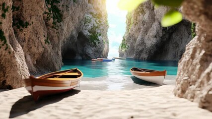 Poster - Sunlight filtering through cliffs illuminates wooden rowboats resting on a pristine white sand beach within a tranquil cove of crystal clear turquoise waters