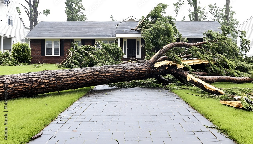 Large tree fallen across paved walkway, damaging residential property ...