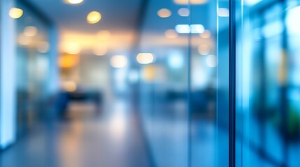 Abstract Blue Office Corridor Blur Background Modern Workplace Glass Walls Interior Design