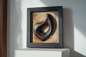 Poster - Framed abstract sculpture on a white shelf against a white wall illuminated by sunlight indoors