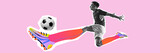 Banner. Modern artwork. Young man kicks football in air with full motion wearing oversized stylized boots in bright colors. Concept of sport events, active lifestyle, betting, game, movement.