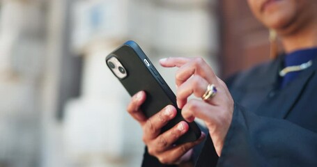 Aufkleber - Online, lawyer and woman with smartphone, outdoor and research for case on website, low angle and typing. Browsing, advocate and person with mobile app for lawsuit, digital and legal info in city