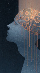 Poster - Stylized head profile with cracked texture and overlaid gears, dripping metallic paint Represents intellect, mechanics, or the human mind as a complex machine
