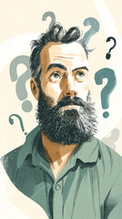 Poster - Illustration of a man with a beard, surrounded by question marks, conveying contemplation, uncertainty, or decision-making