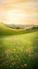 Aufkleber - Soft sunlight bathing rolling green hills adorned with vibrant wildflowers creates a tranquil and idyllic scene during sunset, enveloping the landscape in warm hues and serenity