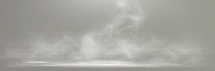 Poster - Abstract white smoke or steam rising in spotlight on dark background, mystical vapor effect.

