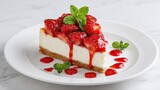 Strawberry cheesecake slice with mint leaves and red sauce on white plate in gourmet dessert presentation