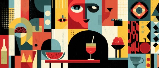 Poster - Vibrant geometric illustration of abstract face with cocktail and fruit, colorful retro design for modern art and summer vibes