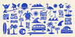 © cddesign.co - A tropical beach and surf-themed vector set with palm trees, waves, surfboards, a van, flamingos, and ocean elements with quotes, in a bold graphic style. Perfect for t-shirt prints, posters, stickers