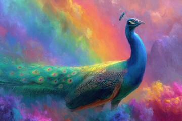 Poster - Vibrant peacock surrounded by colorful powder.