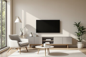 Poster - Contemporary living room with cozy furniture, natural lighting, soft tones and a large TV on light wall background, concept of modern home architecture. Ai generative