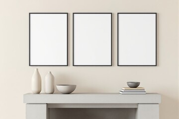 Poster - Three empty posters inframes on light wall above modern console with ceramic vases and books, clean layout for presentation or display. Ai generative