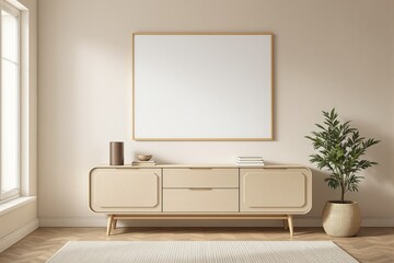 Poster - Minimalist room with blank white poster frame above light wooden cabinet, indoor plant beside, soft light background, concept of clean modern presentation. Ai generative