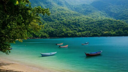 Poster - Vibrant fishing vessels drifting alongside verdant mountainside, turquoise waters reflecting peaceful coastal landscape near tropical shoreline