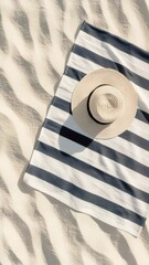 Aufkleber - Sunlight streaming down on a straw hat resting atop a striped beach towel spread across soft, warm sand, creating a serene and inviting summer vacation atmosphere