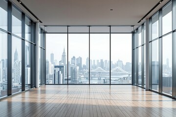 Poster - Spacious modern office with glass walls, wooden floor, and city skyline background, minimal architecture concept in daylight atmosphere. Ai generative