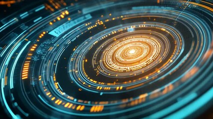 Poster - Abstract Digital Interface: A mesmerizing abstract digital interface with concentric rings of glowing blue and orange light evokes a sense of technological advancement, virtual reality.