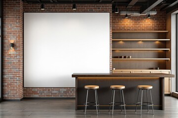 Poster - Cozy modern bar with wooden stools, blank poster on brick wall, empty shelves, and warm lighting on industrial background. Concept of mockup or layout. Ai generative