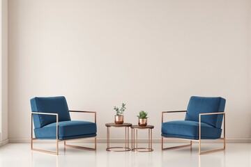 Poster - Two blue armchairs with copper frames and side tables holding potted plants in a clean, minimalist room with a beige wall background. Ai generative