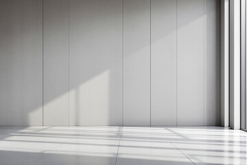 Poster - Bright minimalist empty room interior with sunlight shadows on tiled floor and vertical white panel wall, modern architecture concept. Ai generative