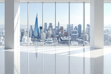 Poster - Spacious empty office with large floor-to-ceiling windows, modern minimalistic style, city skyline background, concept of urban architecture. Ai generative