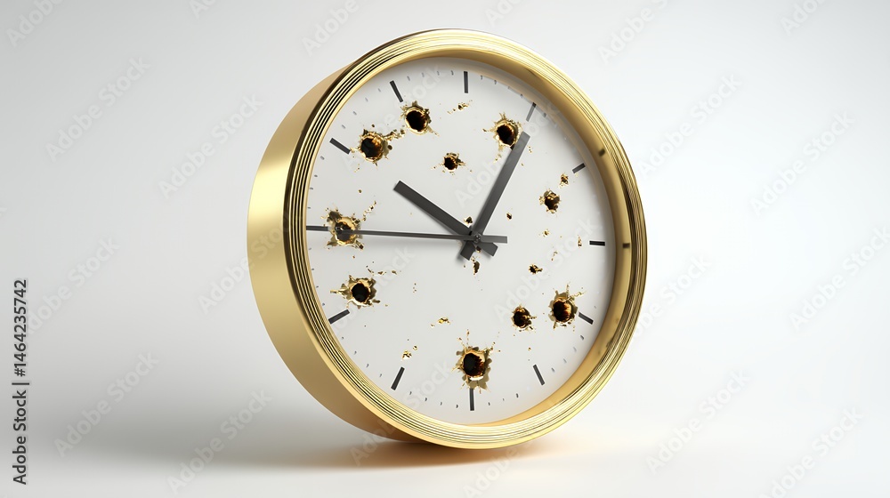A gold and white clock with a black face and gold hands. The clock has ...
