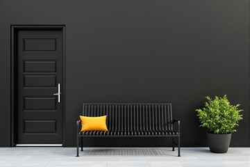 Poster - Stylish minimalist bench with yellow cushion beside closed door and green potted plant, creative architectural background scene. Ai generative