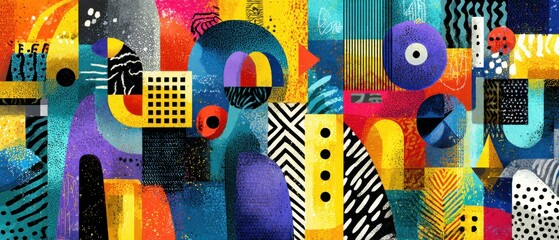 Poster - Vibrant abstract geometric collage with bold colors and playful shapes, creating a modern and artistic background with a retro and contemporary feel