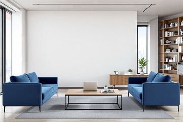 Poster - Contemporary living room with blue sofas, wooden coffee table, bookshelf, and decor in clean minimal style on white background. Concept of modern architecture. Ai generative