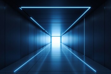 Poster - Futuristic corridor with glowing blue neon lines on walls, floor, and ceiling, digital style on dark background, concept of sci-fi architecture. Ai generative