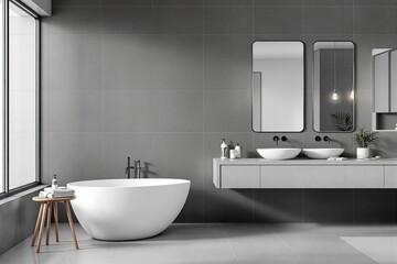Poster - Elegant modern bathroom interior with white freestanding tub, double sinks, and gray tiled background, showcasing creative architecture. Ai generative