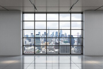 Poster - Empty modern office room with large glass window showing city skyline, minimalist architecture style, on a cloudy sky background. Concept of urban space. Ai generative