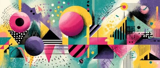 Poster - Vibrant abstract geometric background with circles, triangles, and stripes in a retro 80s or 90s style, perfect for modern design and creative projects