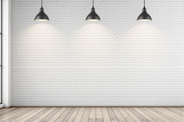 Poster - White brick wall background with three hanging lamps above wooden floor, clean interior scene for branding, layout, template, or presentation mockup. Ai generative