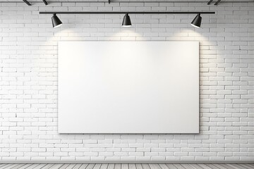 Poster - Empty white canvas on white brick wall with spotlights above, clean minimalist style on wooden floor background, concept of presentation or branding. Ai generative