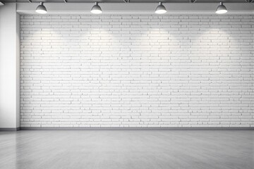 Poster - White brick wall interior with concrete floor and ceiling spotlights, minimalistic industrial style background for creative architectural design. Ai generative