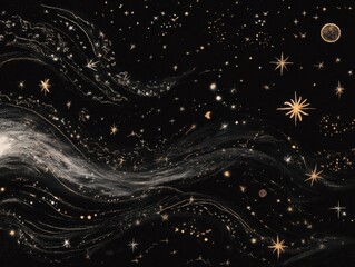 Wall Mural - Cosmic swirls of gold and silver dusts in the inky black void.