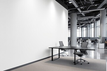 Poster - Minimalist modern office interior with sleek furniture and white wall background, creative workspace concept in contemporary architecture. Ai generative