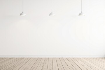 Poster - Empty interior room with white wall, wooden floor, and three hanging lamps, clean minimal style on light background, concept of copyspace or mockup. Ai generative