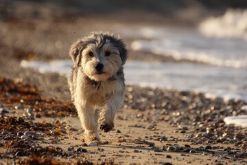 Small dog running on sandy beach at dawn.