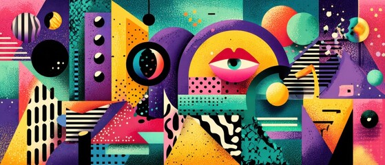 Poster - Vibrant abstract geometric collage with bold shapes, eye and lips in a retro 80s or 90s style, creating a playful and energetic artistic composition