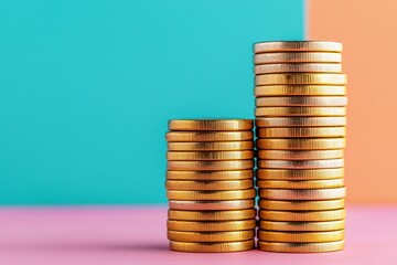 Poster - Stacks of gold coins showing increasing profit on colorful background