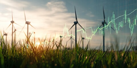 Aufkleber - Sunrise Over Green Grass with Wind Turbines and Digital Financial Graphs Illustrating Growth and Sustainability Concepts in Renewable Energy