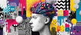 Creative mind concept: Engraved head with colorful brain illustration on vibrant abstract background, showcasing imagination, intelligence, and mental health
