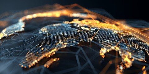 Aufkleber - Glowing Global Map with Geometric Mesh Representation of Earth, Illuminated Continents, Futuristic Design Concept, Blue and Gold Colors at Sunset
