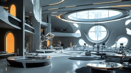 Poster - A futuristic room with a large window and a view of a city. The room is white and has a modern design