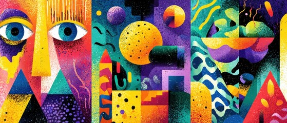 Poster - Vibrant abstract geometric face with cosmic shapes and bold colors in a modern art style, creating a surreal and imaginative digital artwork