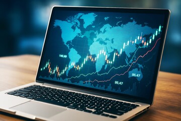 Fototapete - Laptop displaying global financial market data with rising stock chart and world map on desk in office environment with blurred background.