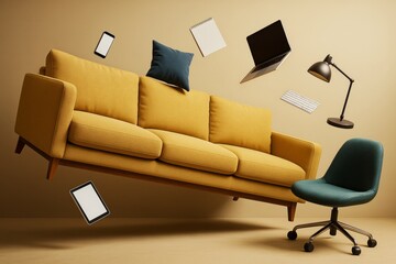 Fototapete - Office furniture and gadgets floating in mid-air against beige background, symbolizing abstract business chaos and modern work environment dynamics.