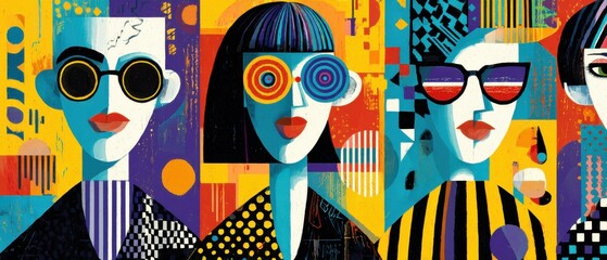 Poster - Colorful abstract portrait of stylish women wearing sunglasses in a vibrant geometric collage, showcasing modern art and retro fashion